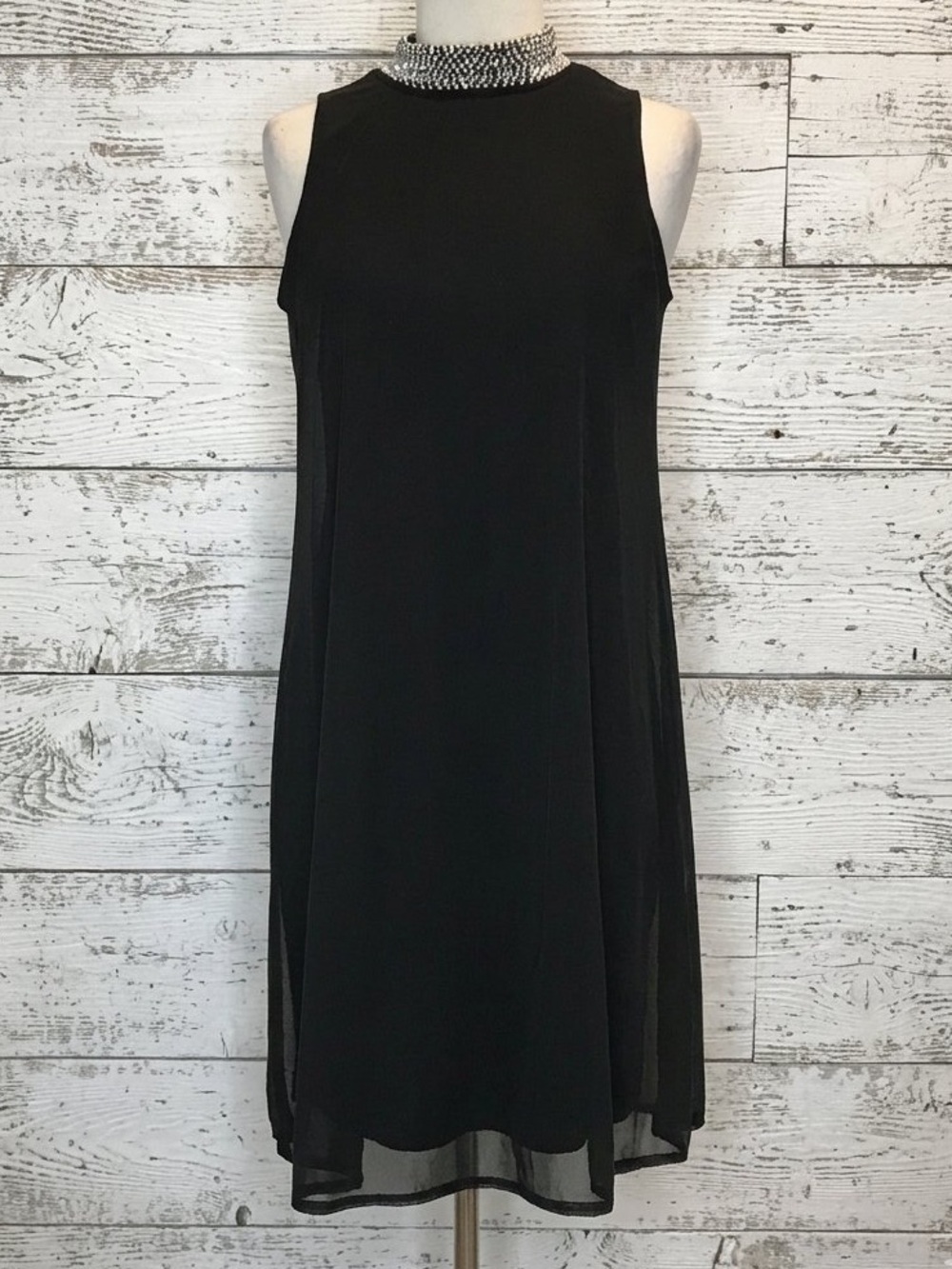 Nik & Nash sleeveless little black dress cocktail sheath with bejeweled neckline
